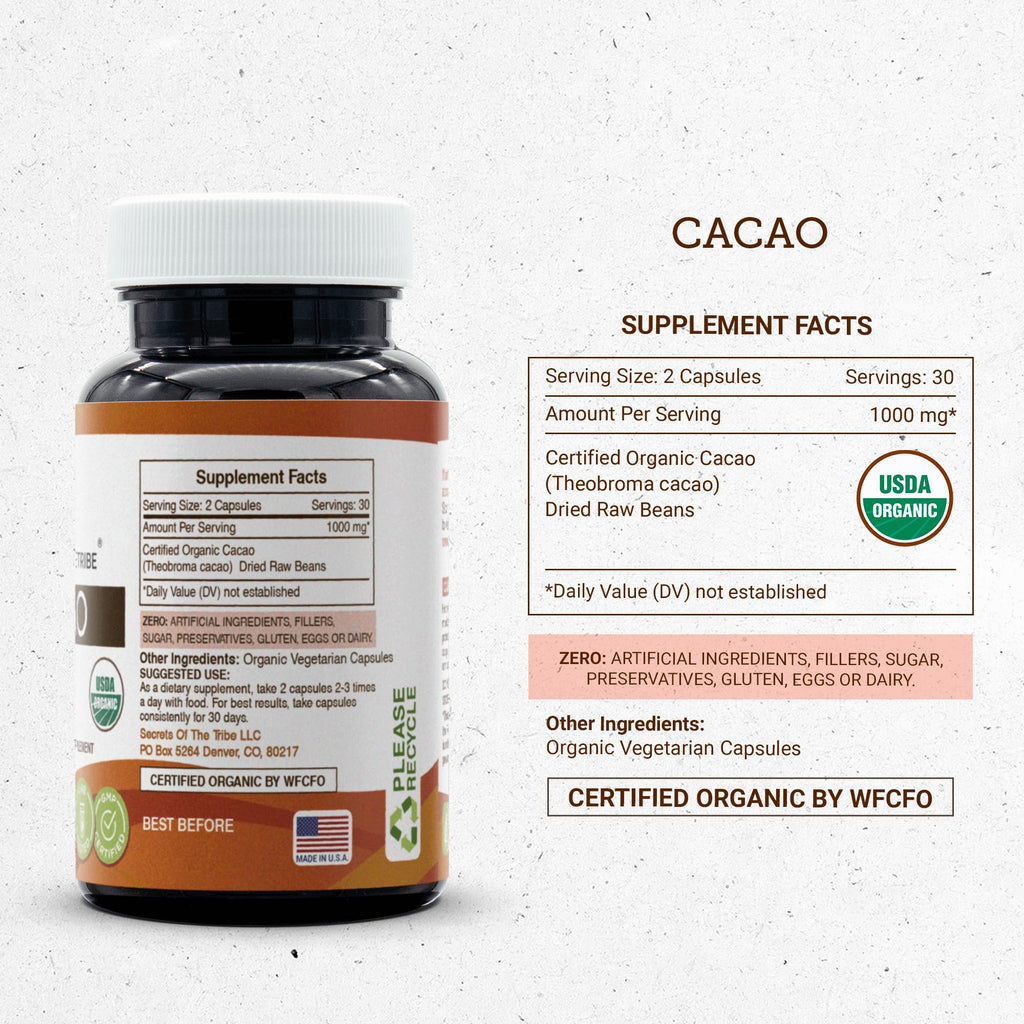 Secrets of the Tribe Cacao 60 Capsules, 1000 mg, USDA Organic Cacao (Theobroma Cacao) Dried Raw Beans (60 Capsules)