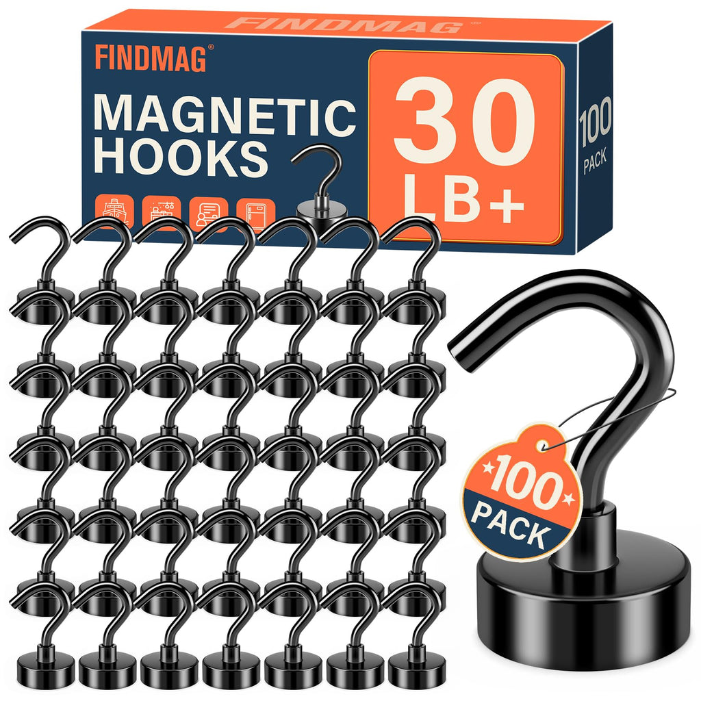 FINDMAG 100 Pack 30 LBS Magnetic Hooks Neodymium Magnet Hooks for Hanging, Magnetic Hooks Magnets with Hook for Bathroom, Kitchen, Towel, Office, Garage, Black