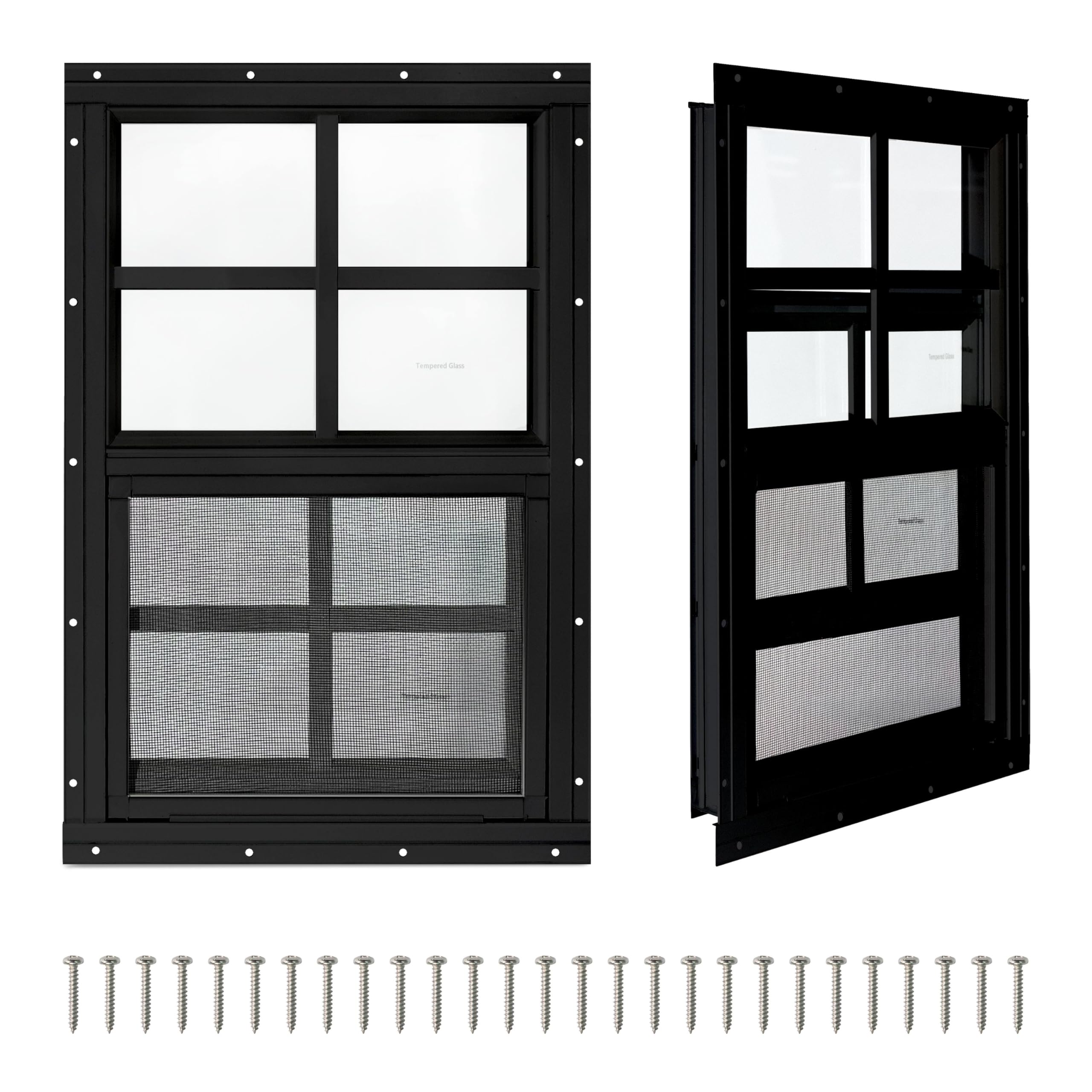 COLORPAPA 2 Pack Shed Windows,16" x 16" Small Sliding Windows,Flush Mount Windows with Tempered Glass and Fiberglass Screen for Shed, Chicken Coop, Playhouse, Household, Garage, Barns (Black)