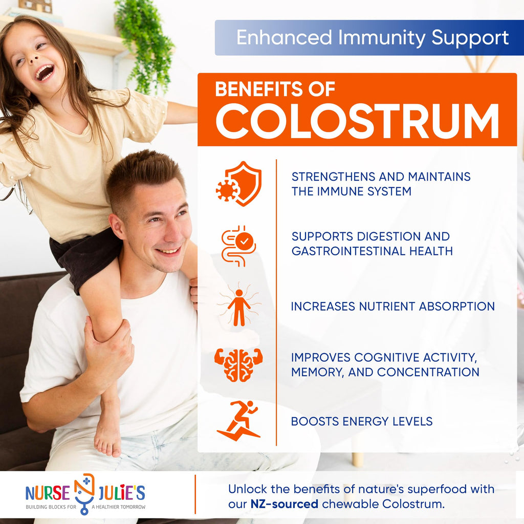 Nurse Julie's Chewable Colostrum for Kids, 120 Count - Easy-to-Chew Children's Tablet for Daily Immune & Gut Support, Grassfed New Zealand Colostrum Pills for Children, No Additives, 2 Month Supply