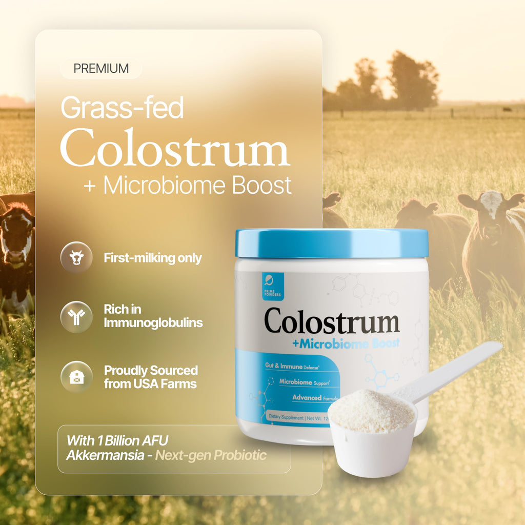 Prime Powders Colostrum Powder | Grass-Fed Bovine Colostrum with Akkermansia Probiotic 1B AFU | Microbiome & Gut Support | High IgG Advanced Formula | 90 Servings
