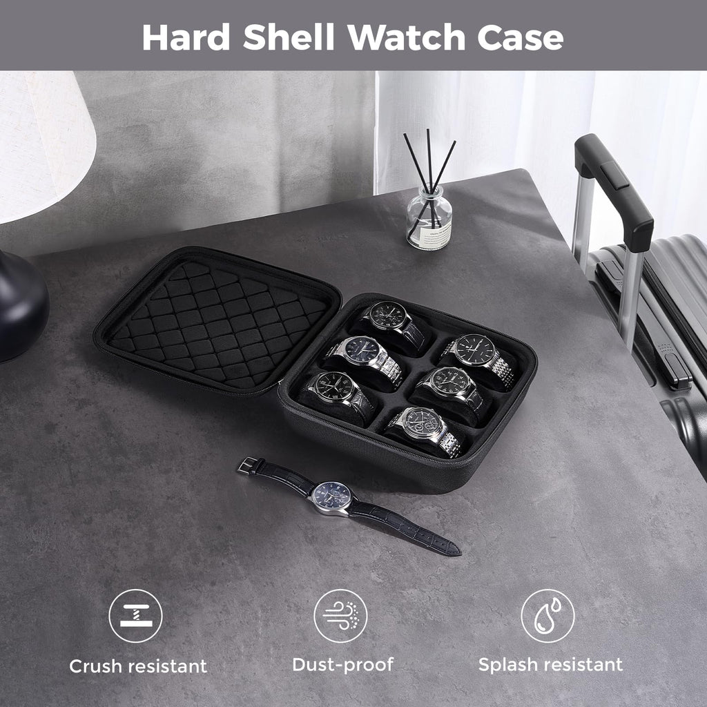 ProCase 6-Slot Travel Watch Case for Men, Hard Shell Storage Box -Black