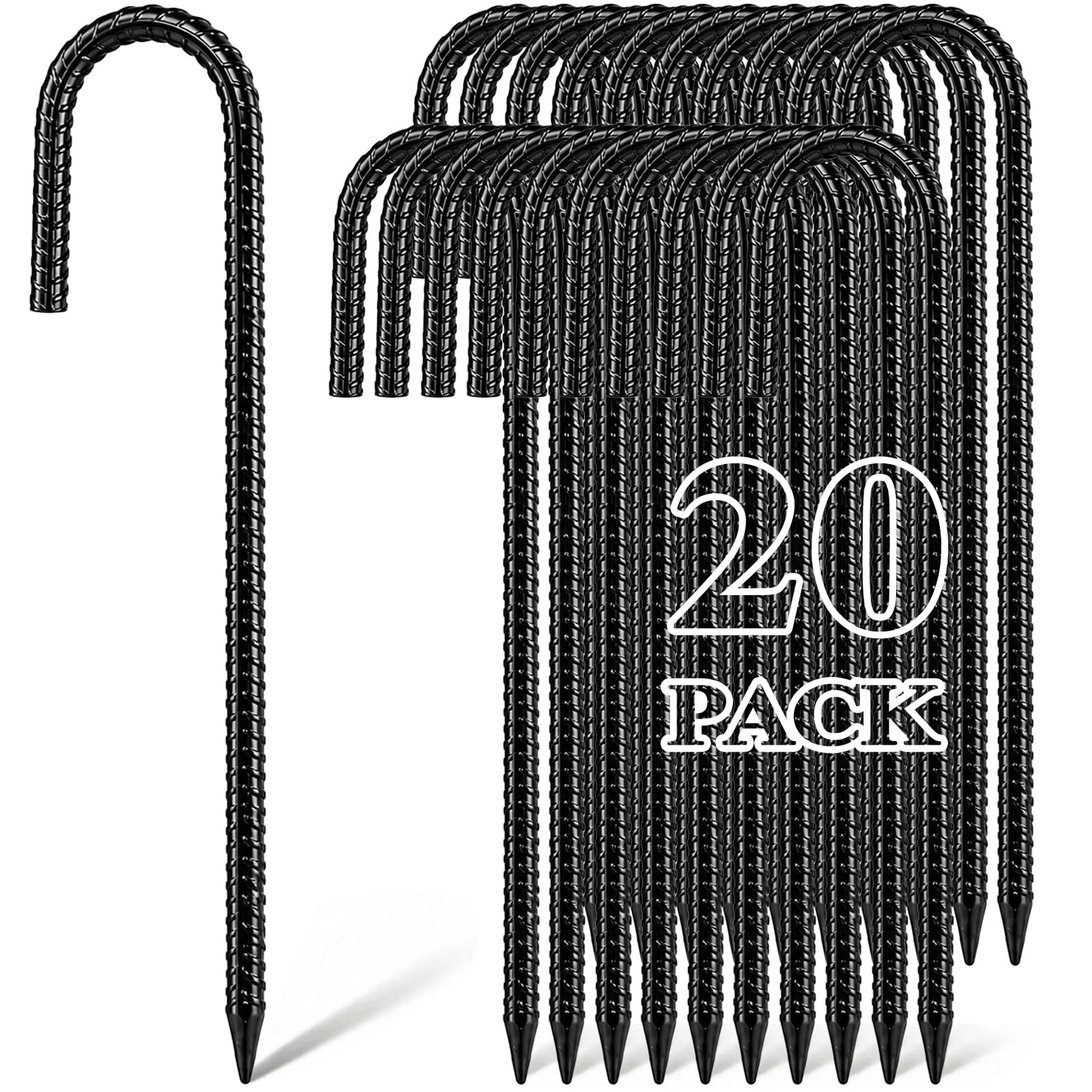 Hacaroa 20 Pack 12 Inch Rebar Stakes Heavy Duty, J Hook Ground Anchors Metal Tent Stakes, Steel Garden Stake for Camping, Canopies, Chain Link Fences, Trampolines, Black