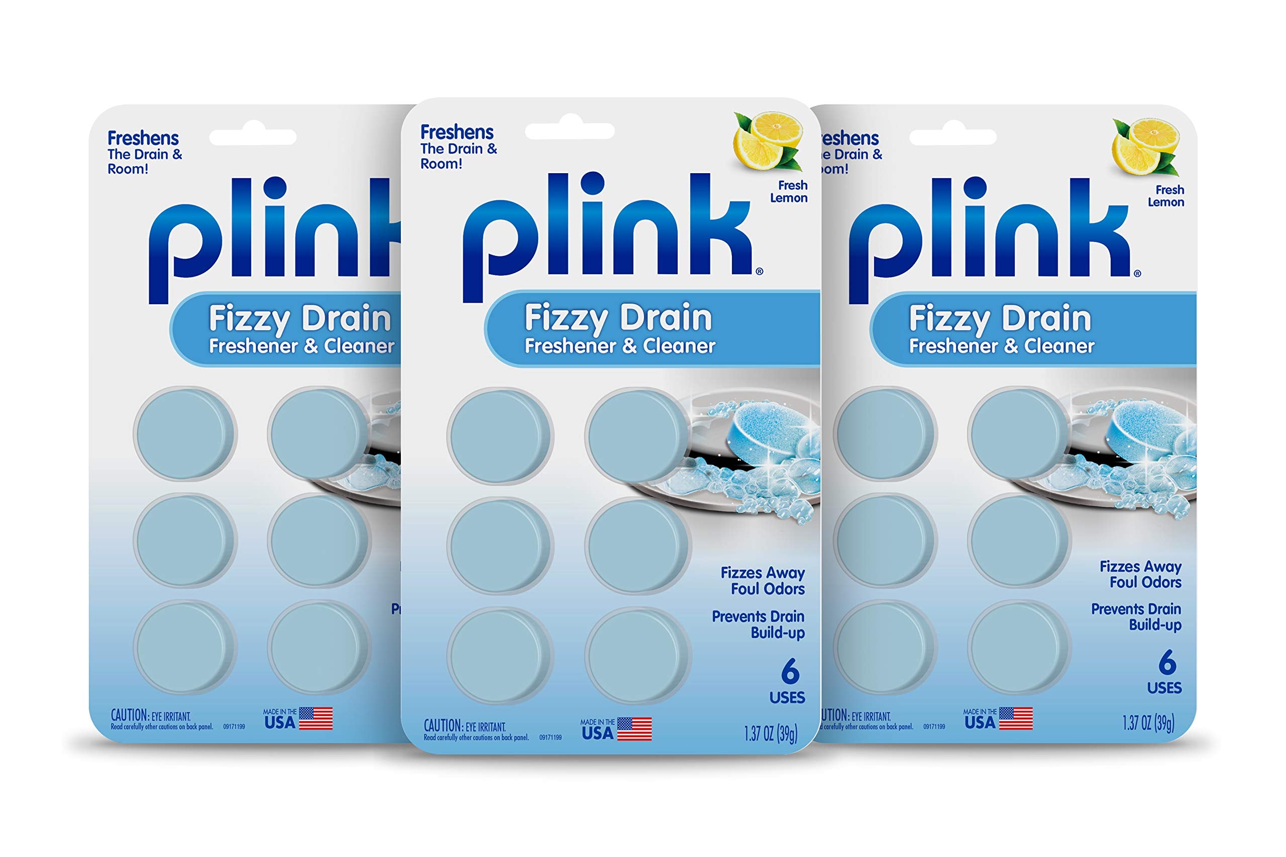 Plink Fizzy Drain Freshner, Prevents Buildup and Maintains a Clear Drain, Removes Drain Odor, Lemon Scent, Pack of 3, 18 Count, Fresh Lemon