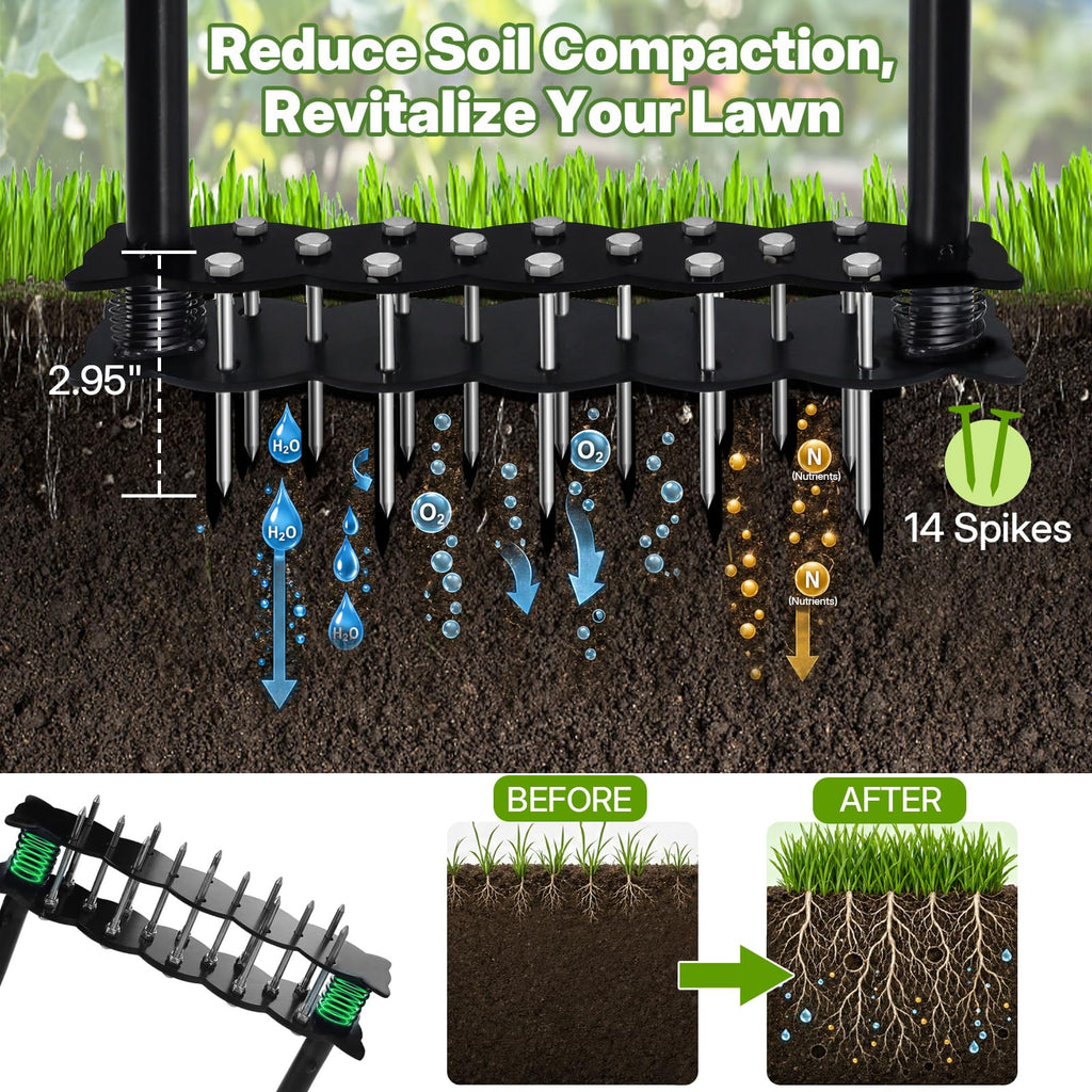 Heavy Duty 35" Manual Aerator Lawn Tool with T-Handle & 14 Spikes