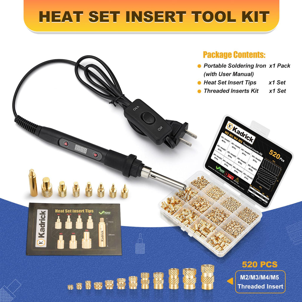 Professional Heat Set Insert Tool Kit: 80W Soldering Iron Heat Insert Tool with 520pcs Brass Inserts & Heat Set Insert Tips (M2-M8) for 3D Printing