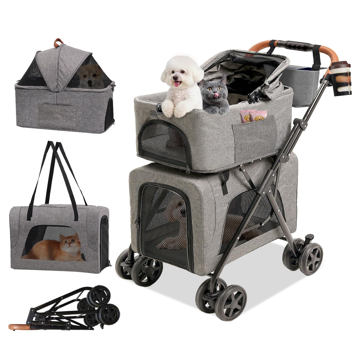 Double Pet Stroller with Detachable Carriers, Dog Stroller for Medium ...
