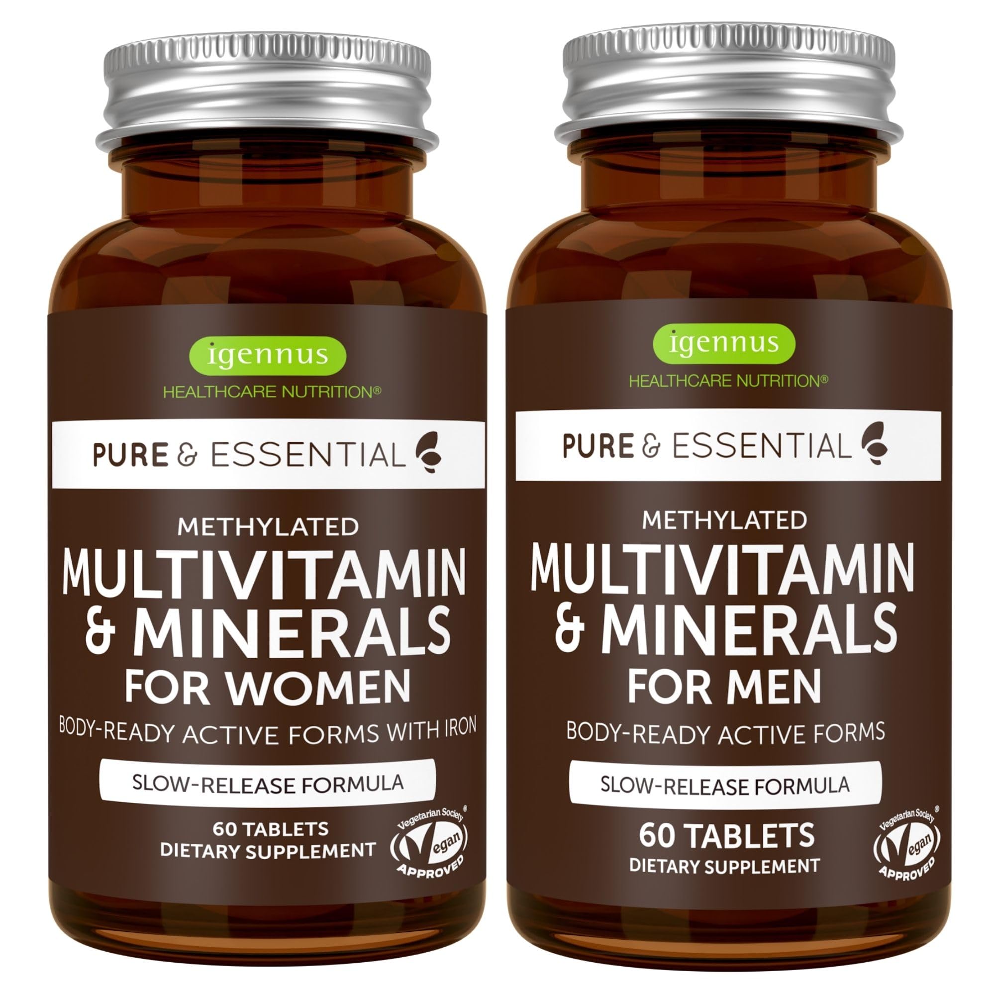Igennus Methylated Multivitamin for Men & Women 2-Pack, All-Day Nutrient Delivery, Pure & Clean, Methylfolate & Methylcobalamin, High Strength MTHFR Supplement, Non-GMO & Halal, 30 Day Supply