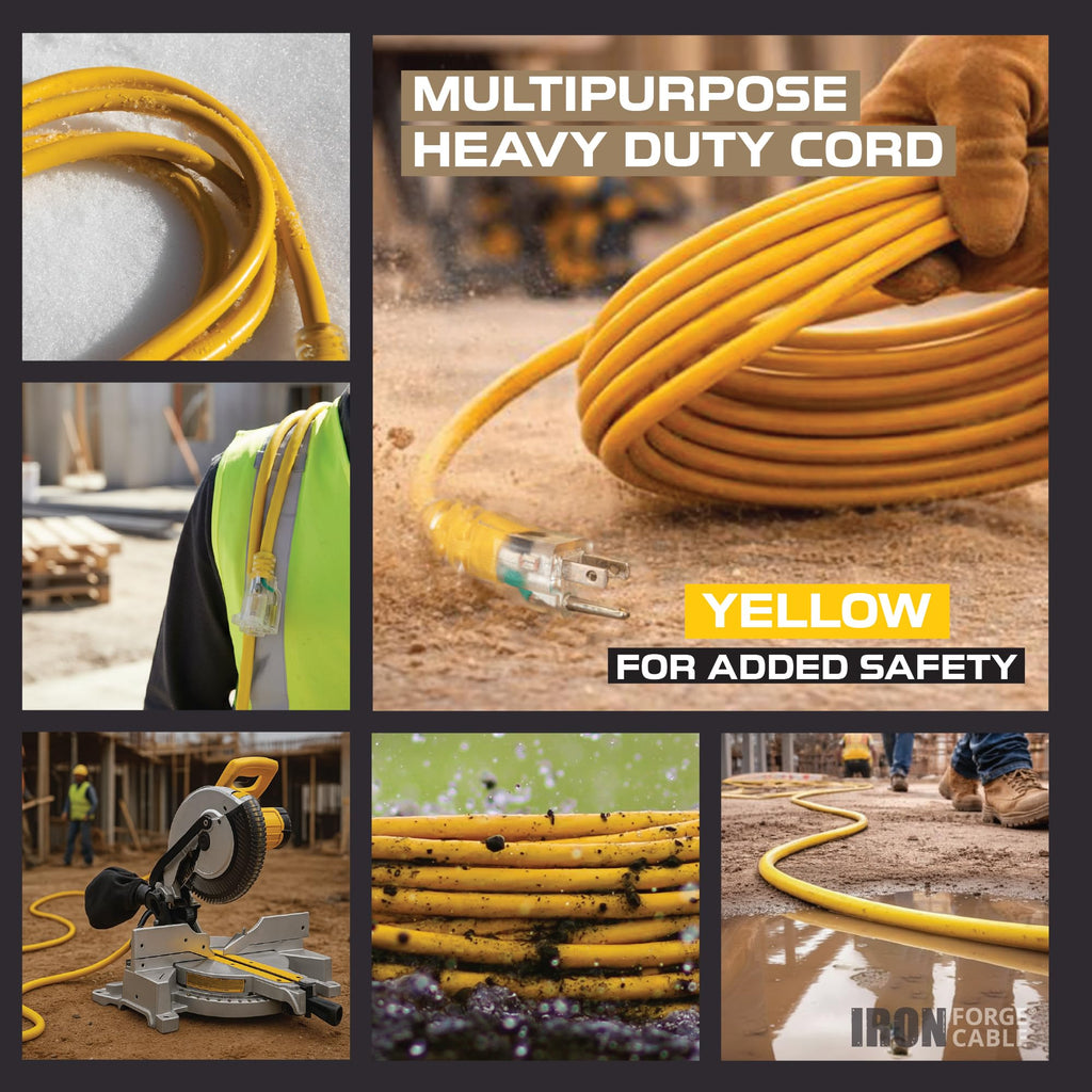 IRON FORGE CABLE 15 Foot Lighted Outdoor Extension Cord - 12/3 SJTW Heavy Duty Yellow Extension Cable with 3 Prong Grounded Plug for Safety, 15 AMP - Great for Garden and Major Appliances