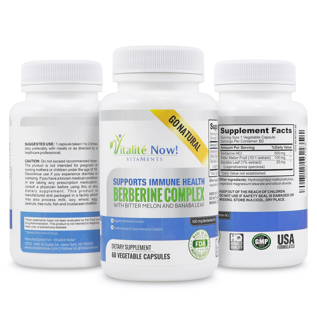 Vitalité Now! High Strength Berberine 500mg + Bitter Melon & Banaba - Immune System Health - Cardiovascular & Gastrointestinal Support - 60 Vegetarian Capsules