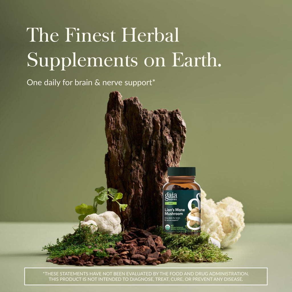 Gaia Herbs Lion's Mane Mushroom - Brain & Nerve Health Support* - 40 Vegan Capsules (40 Servings)