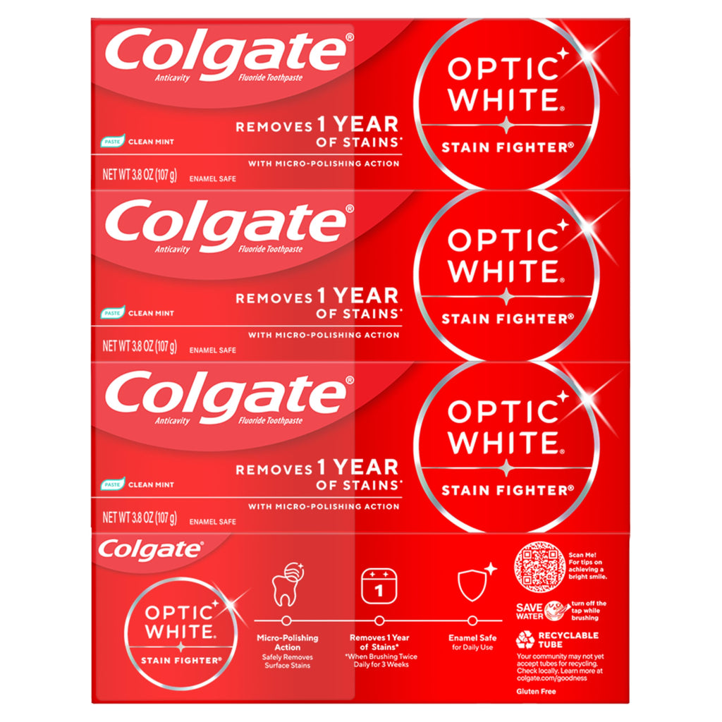 Colgate Optic White Stain Fighter Clean Mint Paste Teeth Whitening Toothpaste, 4 Pack, Anticavity Toothpaste with Fluoride, Enamel Safe Teeth Stain Remover, 3.8 OZ