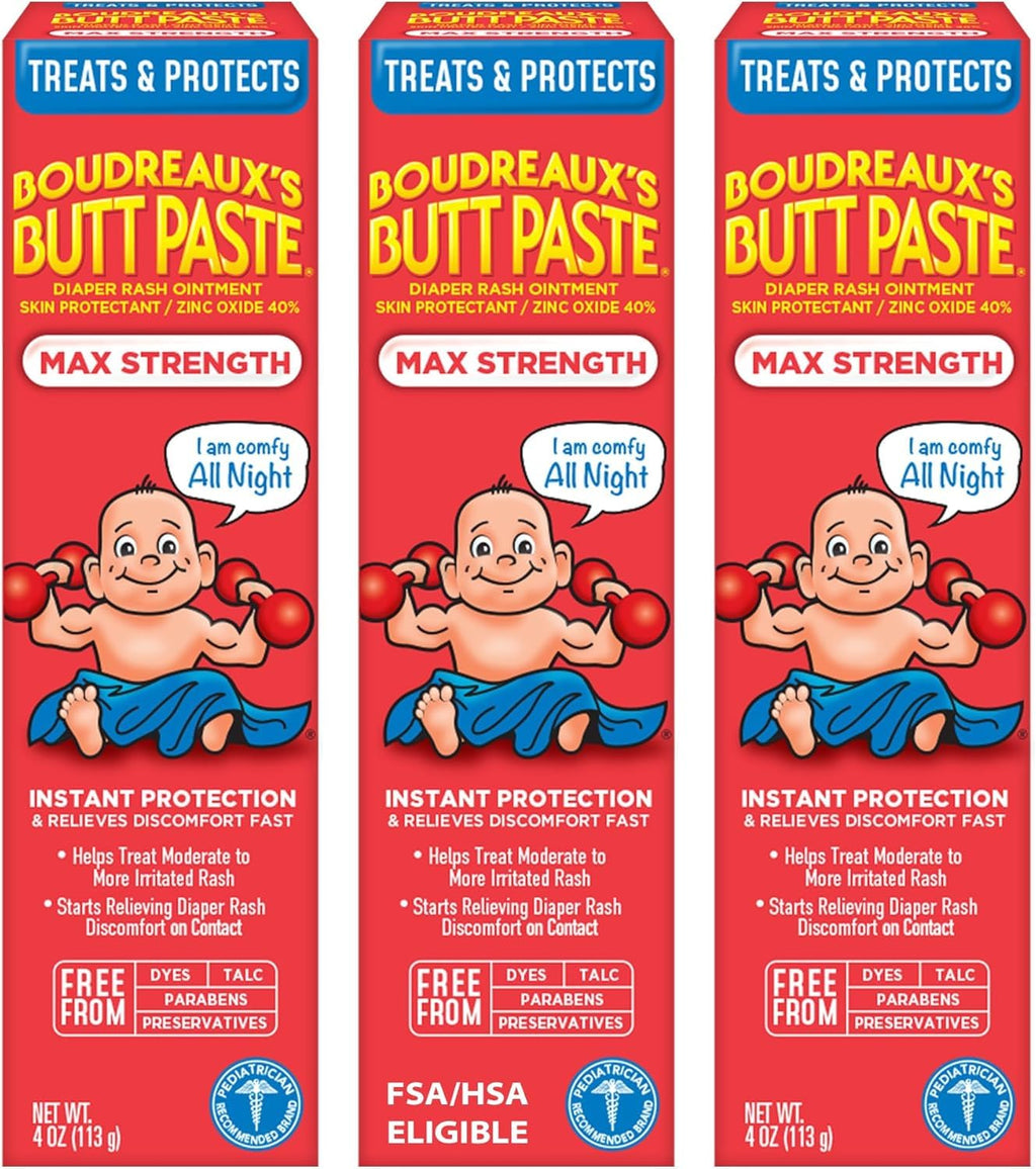 Boudreaux's Butt Paste Maximum Strength Diaper Rash Cream, Ointment | For Baby | 4 oz Tube | Pack of 3