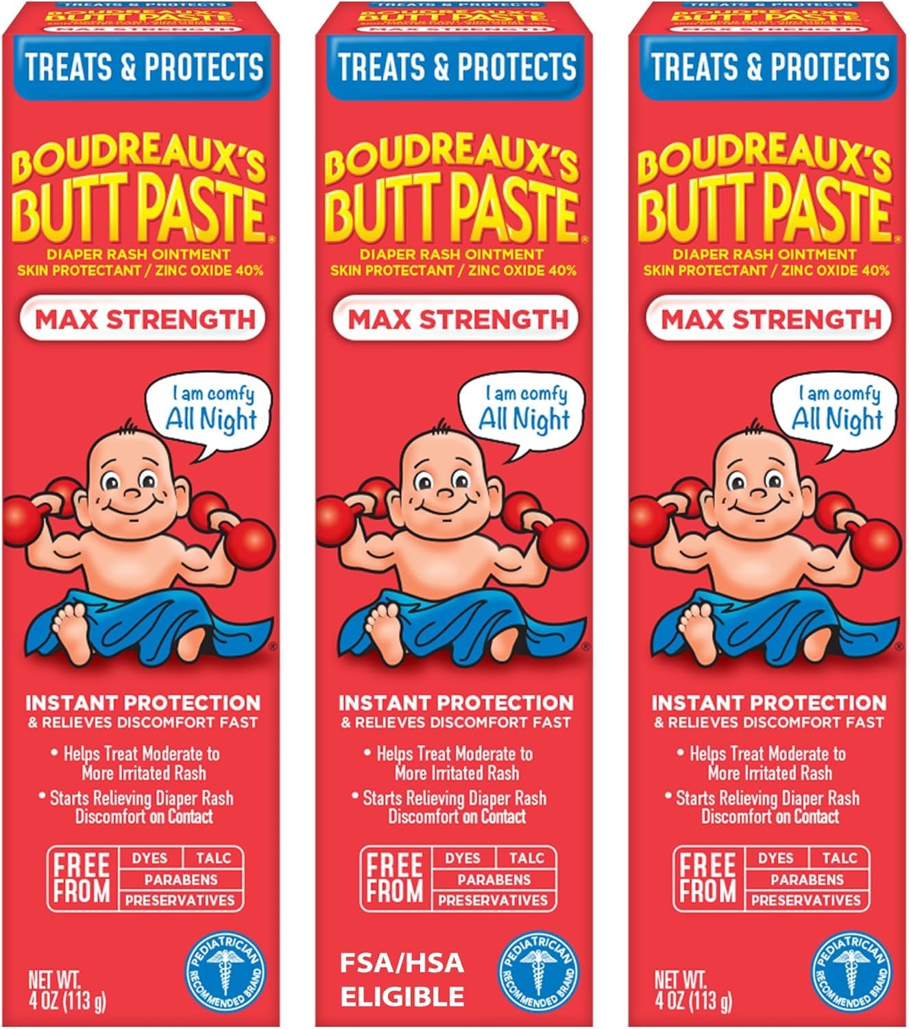 Boudreaux's Butt Paste Maximum Strength Diaper Rash Cream, Ointment | For Baby | 4 oz Tube | Pack of 3
