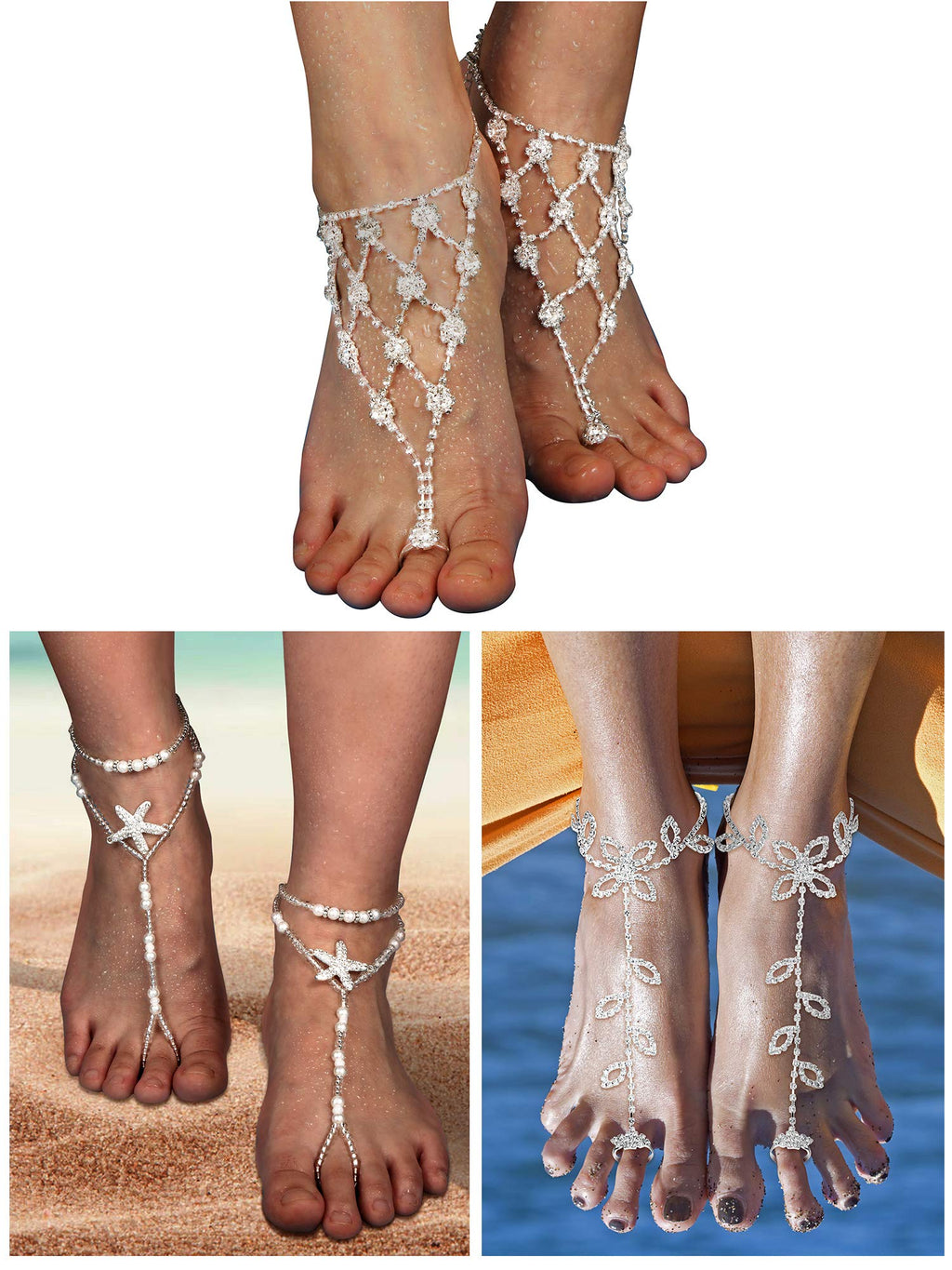 Hicarer 6 Pcs Foot Jewelry Barefoot Sandals for Women Rhinestone Bohemian Foot Ankle Chains for Beach Wedding(Rhinestone Star Leaf Mesh Style)