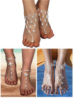 Hicarer 6 Pcs Foot Jewelry Barefoot Sandals for Women Rhinestone Bohemian Foot Ankle Chains for Beach Wedding(Rhinestone Star Leaf Mesh Style)