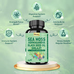Sea Moss Ashwagandha Shilajit Black Seed Oil, Sea Moss Capsules with Burdock Turmeric Vitamins C & D3 Elderberry Ginger ACV Manuka Dandelion - 60 Count