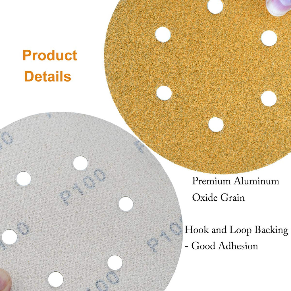 Aiyard 6-Inch 6-Hole Hook and Loop Sanding Discs 100-Grit, Random Orbital Sandpaper for Automotive and Woodworking, 100-Pack
