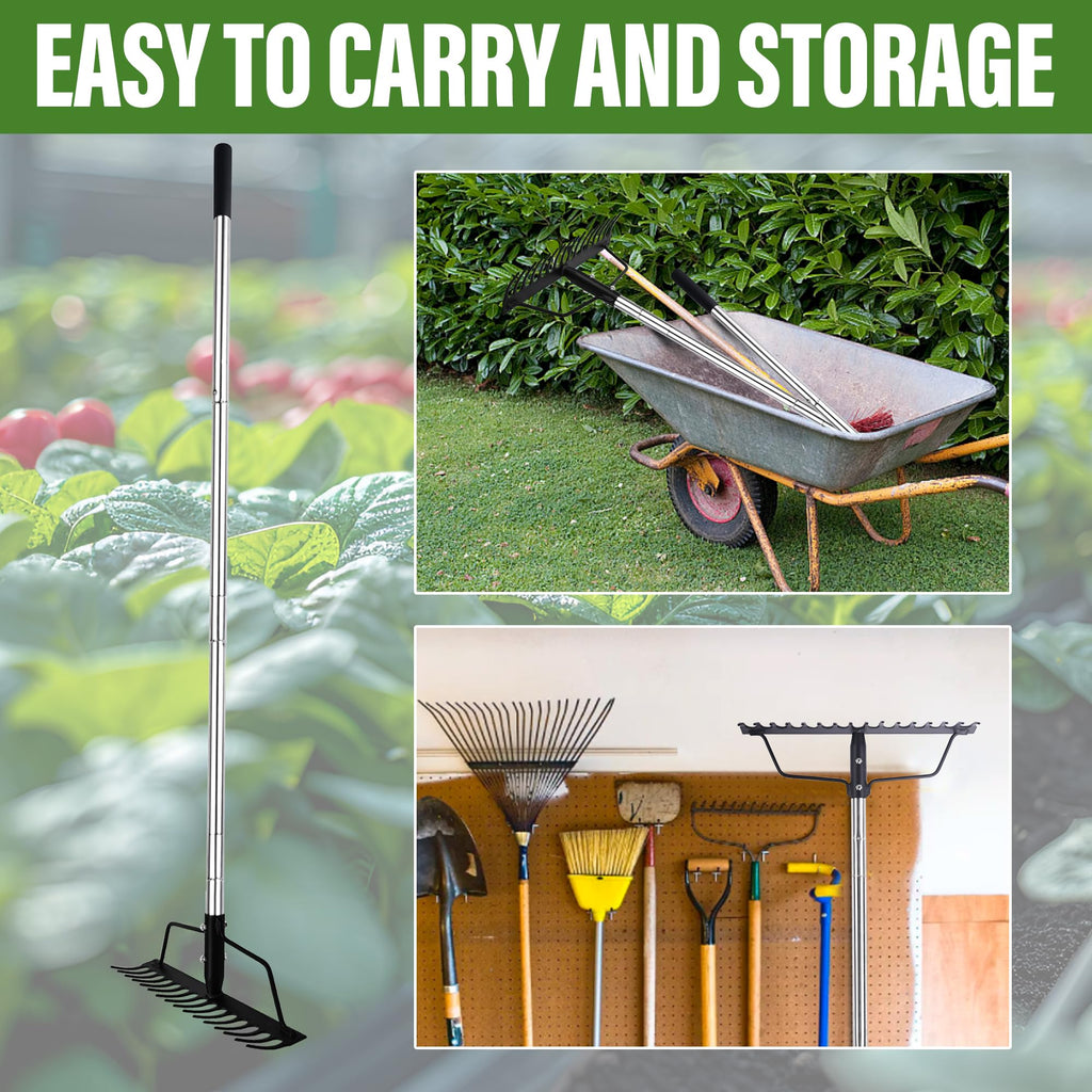 BARAYSTUS 15 Inch Wide Bow Rake, 16 Steel Tines Metal Head Rake Tool with Stainless Steel Handle, Adjustable Long Handle Garden Rake for Loosening Soil Leveling Mulch Gathering Lawns Leaves