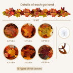 CQURE 5 Pack Fall Garland, 29.5Ft Artificial Autumn Maple Leaves Vines Thanksgiving Halloween Harvest Decor for Fireplace Mantle Table Indoor Outdoor