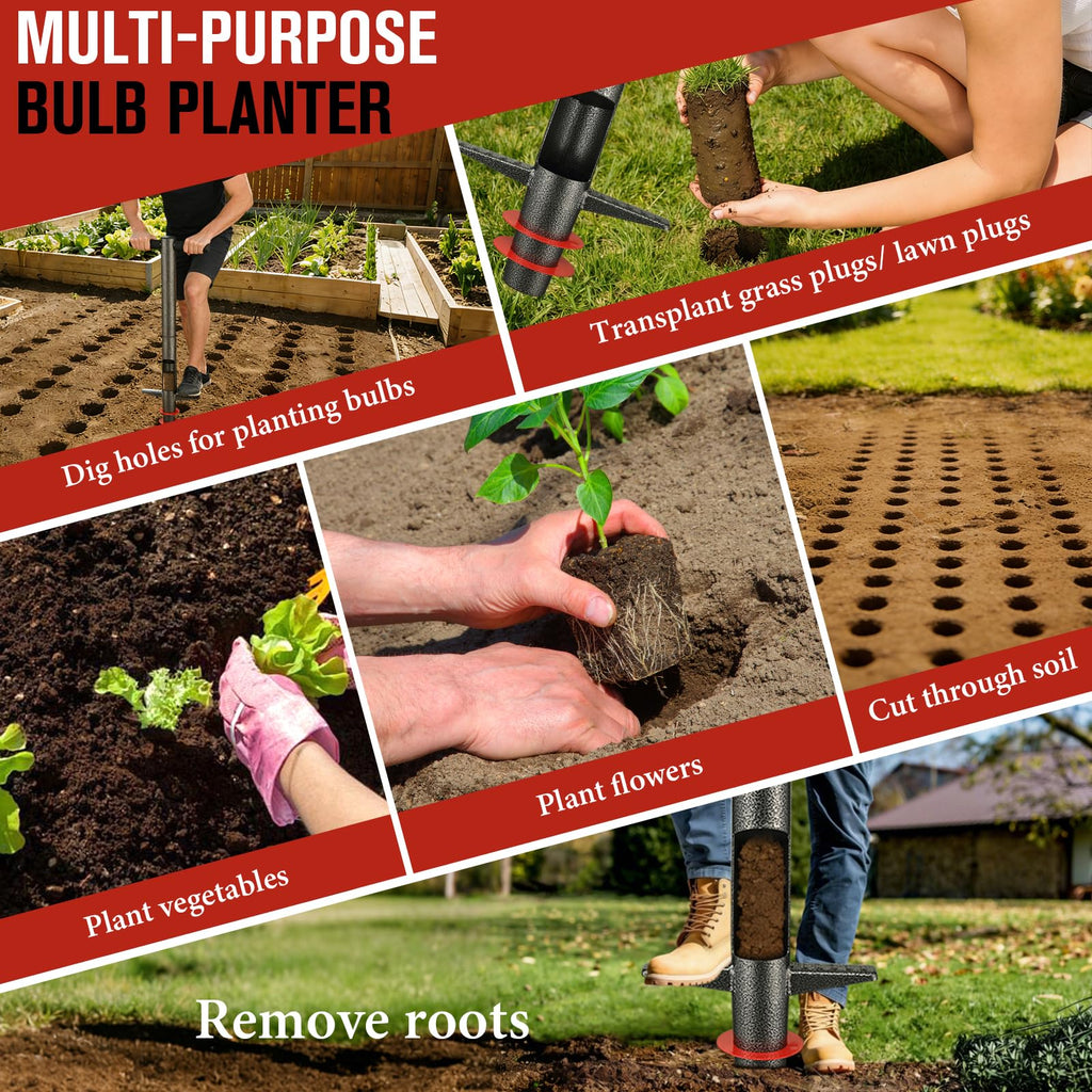DIOVPLX Bulb Planter Tool, 33.5" Long Handle Sod Plugger for Standing Planting, 2"/4"/6" Adjustable Depth Garden Hole Digger, Heavy Duty Auto Eject Lawn Plugger for Flower Bulbs,Grass Plugs,Seedlings