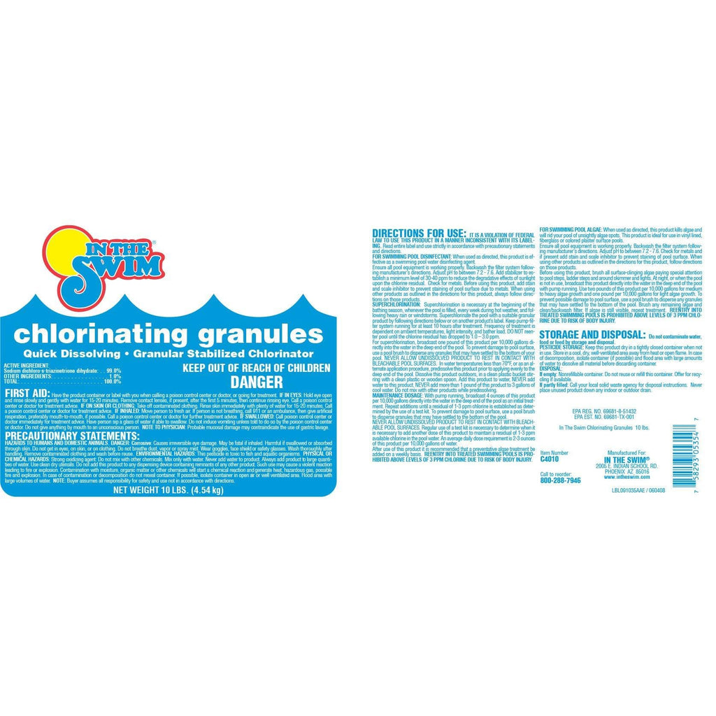In The Swim Sodium Dichlor Chlorine Shock Granules for Sanitizing Swimming Pools – Fast Dissolving, pH Balanced Sanitizer - 56% Available Chlorine, 99% Sodium-Dichlor – 10 Pound