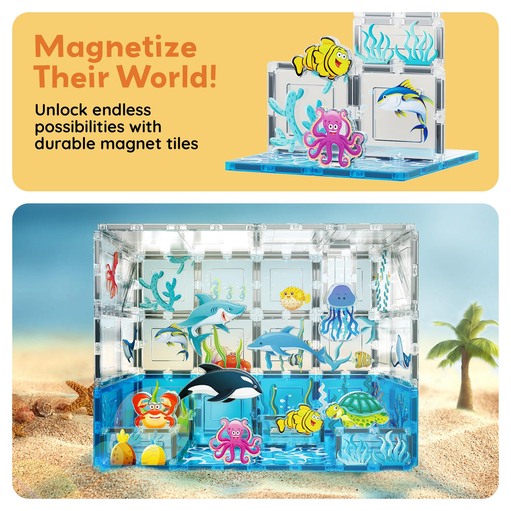 PicassoTiles Magnet Tiles Magnetic Building Blocks Aquarium Marine Animal Theme Set with 8 Character Action Figures Shark Crab Turtle STEM Toys Construction Preschool Toddlers Kids Boys Girls 3+ PTQ15