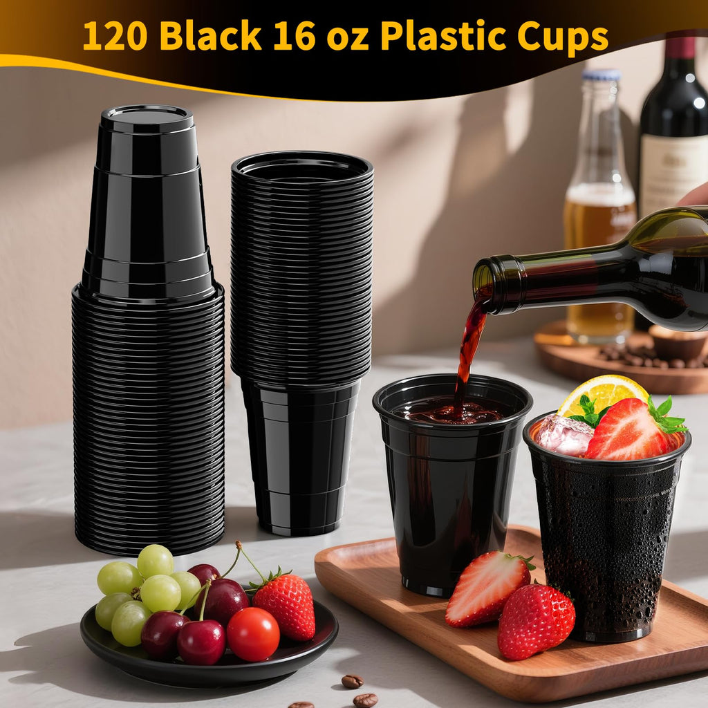 120 Pack 16 oz Black Cups, Heavy Duty Black Plastic Cups for Party, Cold Drinks, BBQ, Black Disposable Cups for Christmas, Halloween, Wedding, Birthday, Picnic, Serving and Celebrations