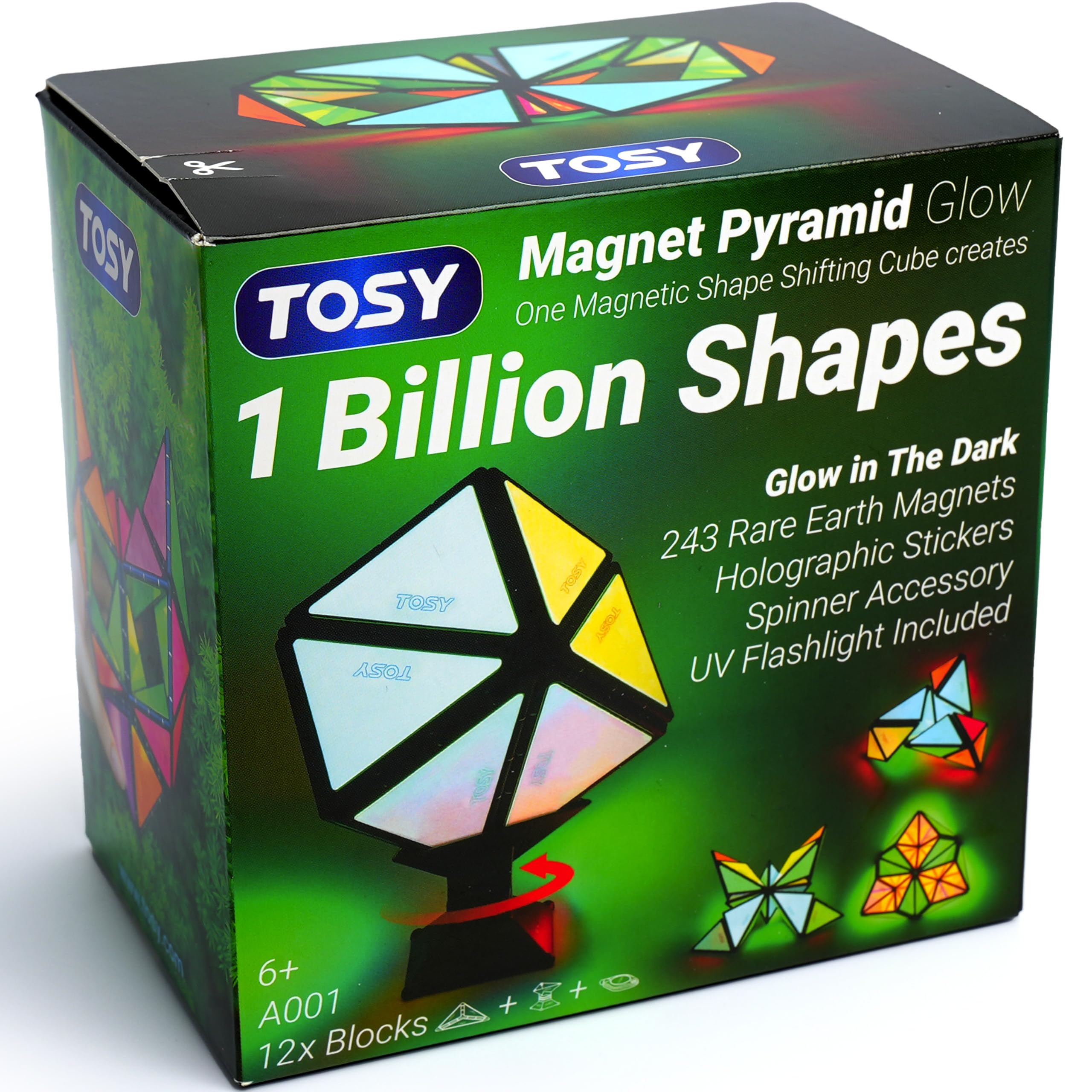 TOSY Magnet Pyramid Glow - 1 Cube Transforms into 1 Billion Shapes, 12 Pieces, 243 Rare Earth Magnets, Glowing, Holographic Design Magnet Tiles Creative Puzzle STEM/STEAM Toy