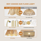 Oneach Arc Floor Lamp for Living Room,Rattan Boho Floor Lamp with Hand-Woven Shade, Foot Switch,Gold Metal Base & Pole,Farmhouse Standing Lamp for Bedroom Corner,Reading