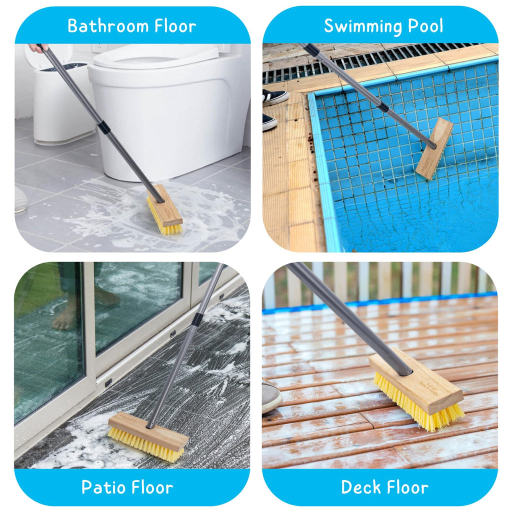 Floor Scrubber Brush with Long Handle for Deck Cleaning, 52'' Stiff Bristle Scrub Broom for Shower, Bathroom, Boat, Concrete, Carpet, Garage