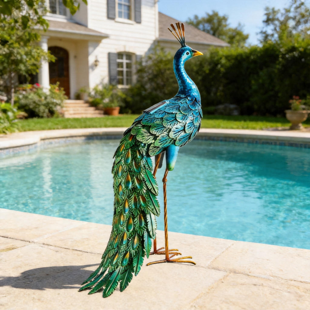 chisheen Outdoor Solar Peacock Decor Garden Statue Metal Yard Art Sculpture