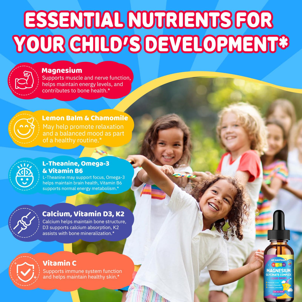 Kids Magnesium Glycinate Liquid Drops‌ – with L-Theanine, Omega-3, Vitamins B6 & D3, Zinc & Calcium – for Sleep Support, Relaxation, Focus & Brain, Bones – Mixed Berry Flavor, 2 Fl Oz