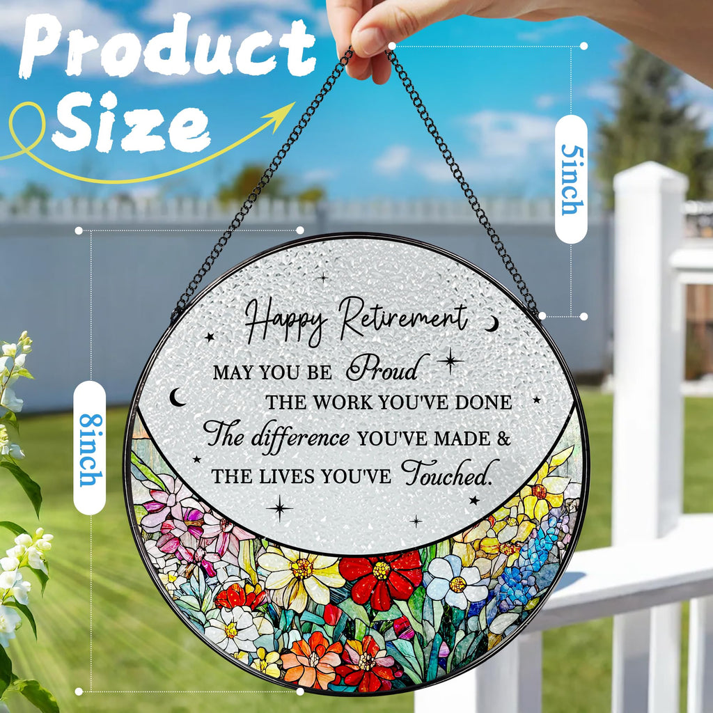 DOUHASU 8” Stained Glass Suncatcher Ornament – Floral Retirement Window Hanging Decorations, Retirement Gifts & Retired Gifts for Women, Men, Friends, Coworkers, Teachers - Style H