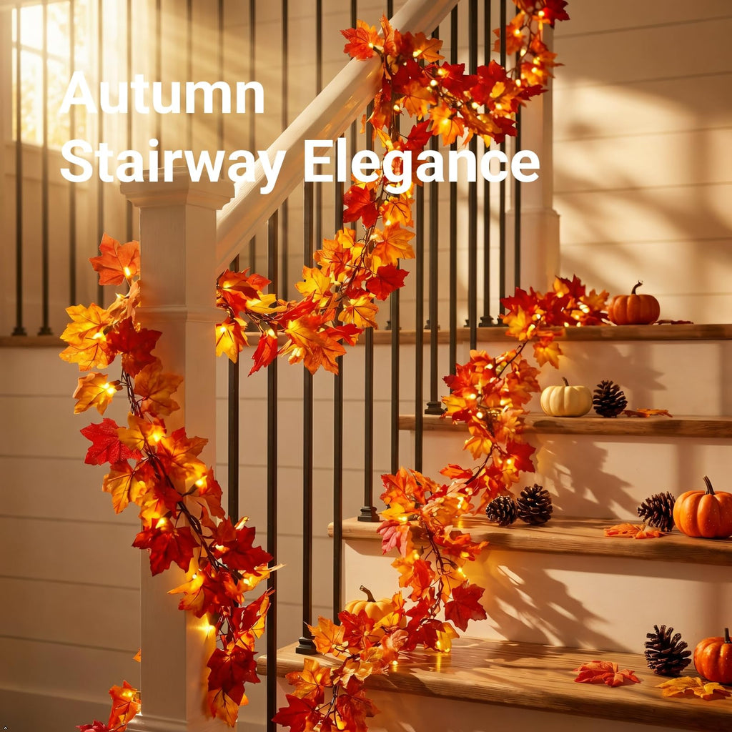 Brillarlights Fall Leaf Garland with Lights Plug in, 11FT Lighted Maple Leaf Garland with 50 Orange Bulbs, Connectable Fall Decorations for Home, Thanksgiving Halloween Mantel Stairs Porch Decor