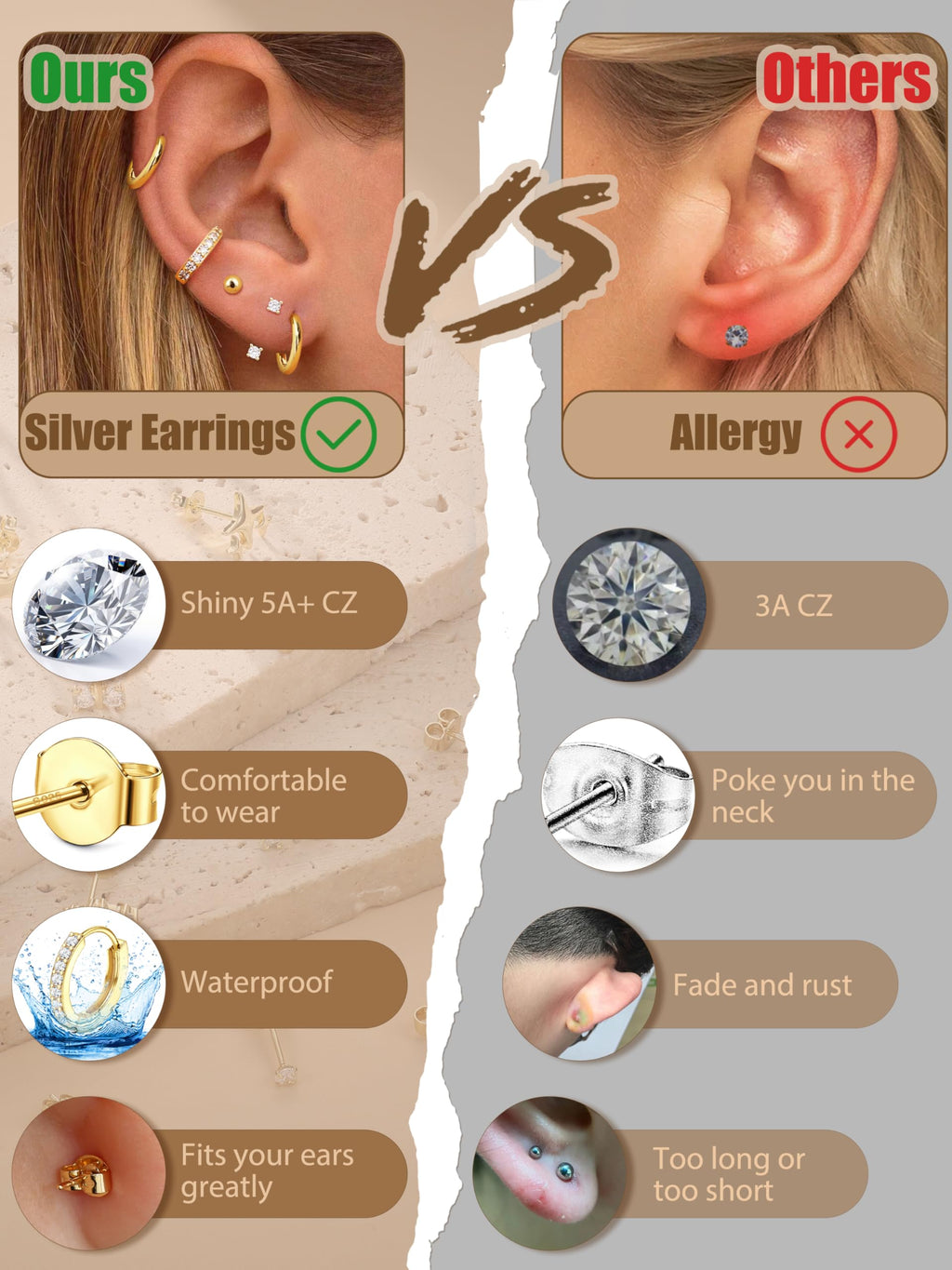 THUNARAZ 10 Pairs Sterling Silver Stud Earrings for Women Silver Hoop Set