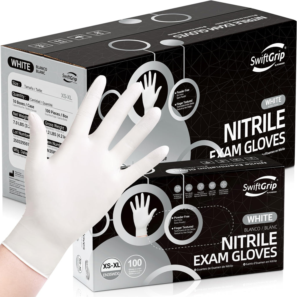 SwiftGrip Disposable Nitrile Exam Gloves, 3-mil, Medium, Case of 1000, White Nitrile Gloves Disposable Latex Free for Medical, Cleaning, Cooking & Esthetician, Food-Safe, Powder-Free, Non-Sterile