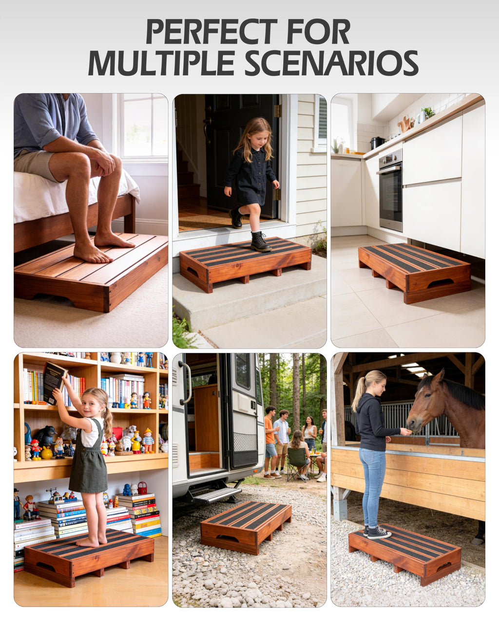 3.5"/6" Adjustable Wooden Step Stool for Bed, 100% Heartwood Handmade Outdoor Steps with 4 Additional Legs & Anti-Slip Traction Tape, One Step Stool for Elderly, Adults, Kids(30" L X 16" W X 3.5/6" H)