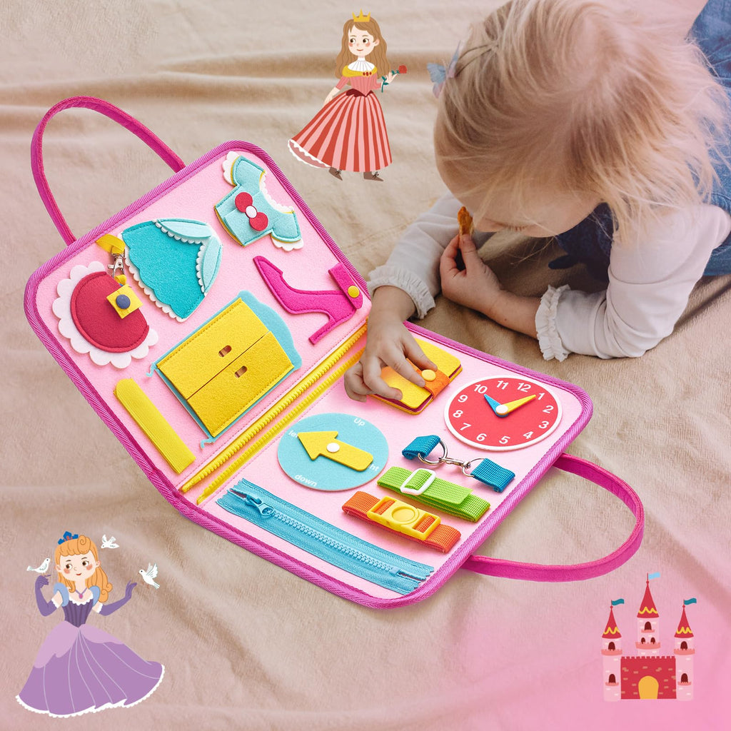 Freebear Deluxe Pink Princess Quiet Book Sensory Board for Toddlers 1-4, Montessori Educational Toys for Girls, Travel Toys with Activities