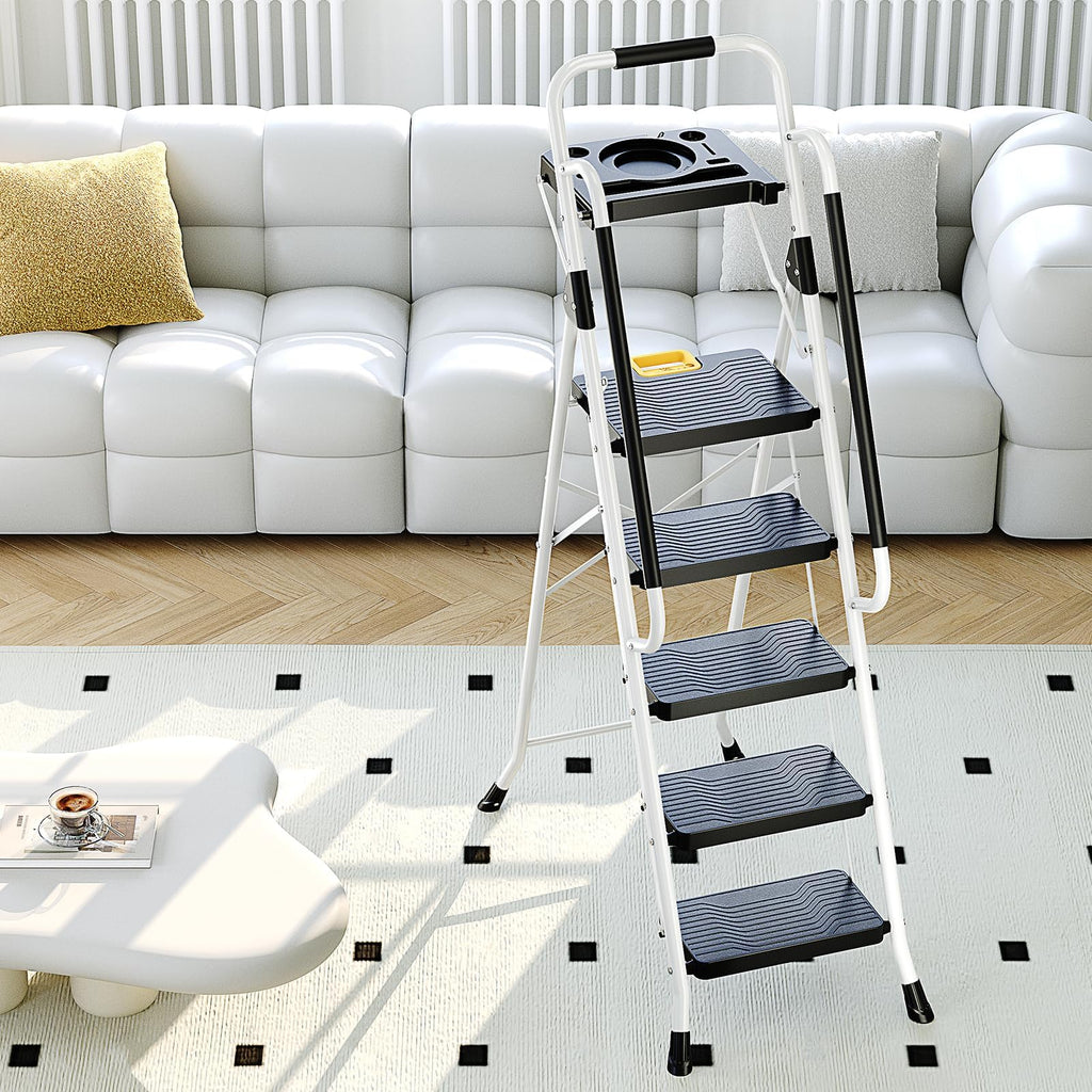 KINGRACK 5 Step Ladder, Step Stool 800 lbs Capacity with Safety Latch, Storage Tray, Handrail & Extra Wide Steps, Step Ladder 5 Step Folding for Home, Garden, Painting, Garage & Outdoor, White