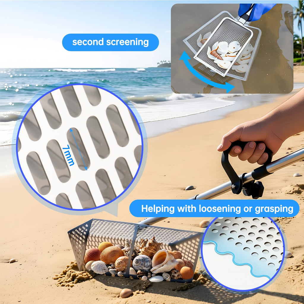 Sand Flea Rake，Detachable Long Handle Sand Sifter with Stainless Steel Sand Scoop Shark Tooth Sifter and Beach gloves with 16-Inch-Wide Drainage Mesh for Finding Fleas,Shells Shark Teeth,Yard Cleaning