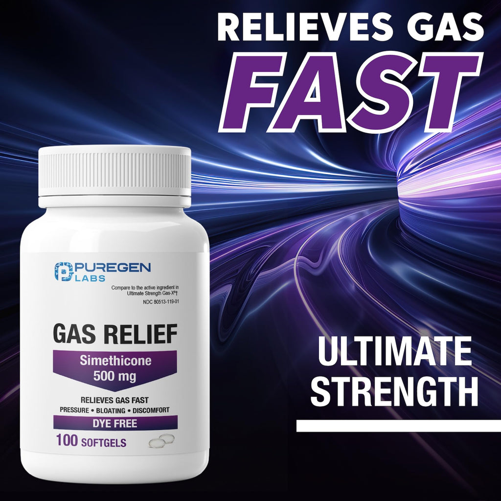 Puregen Labs Gas Relief Softgels with Simethicone 500 mg, Dye Free Formula, Fast Relief from Gas, Bloating & Pressure - 100 Softgels