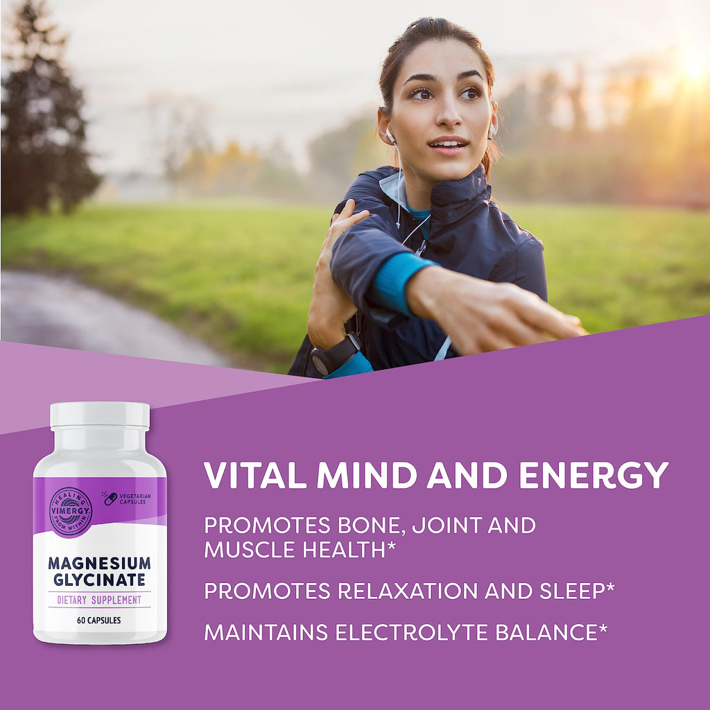 VIMERGY Magnesium Glycinate – Stress Support – Chelated to Avoid Tummy Upset*– Promotes Heart Health & Energy*– Kosher, Vegan Gluten-Free – 60 Caps