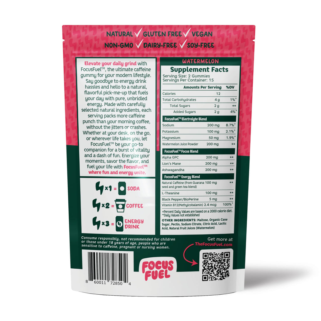 FocusFuel Energy Chews – Watermelon Flavor (15 Servings) – 100mg Caffeine + L-Theanine + B12, Magnesium – All-Natural Energy Boost – No Crash or Jitters