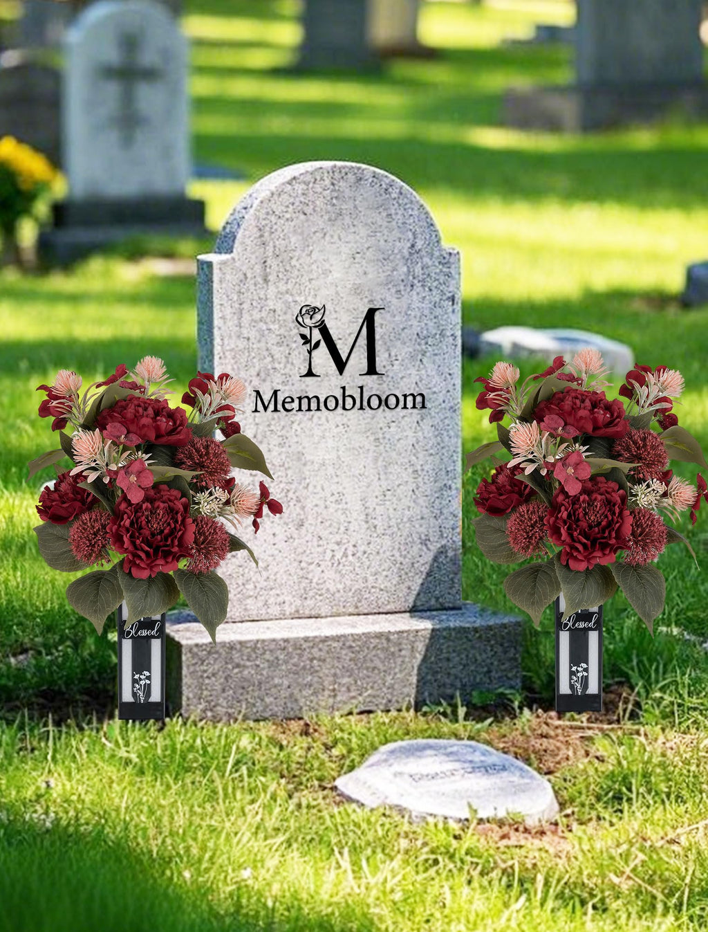 Memobloom Cemetery Flowers for Fall Grave Decorations: 2 Pcs, Red