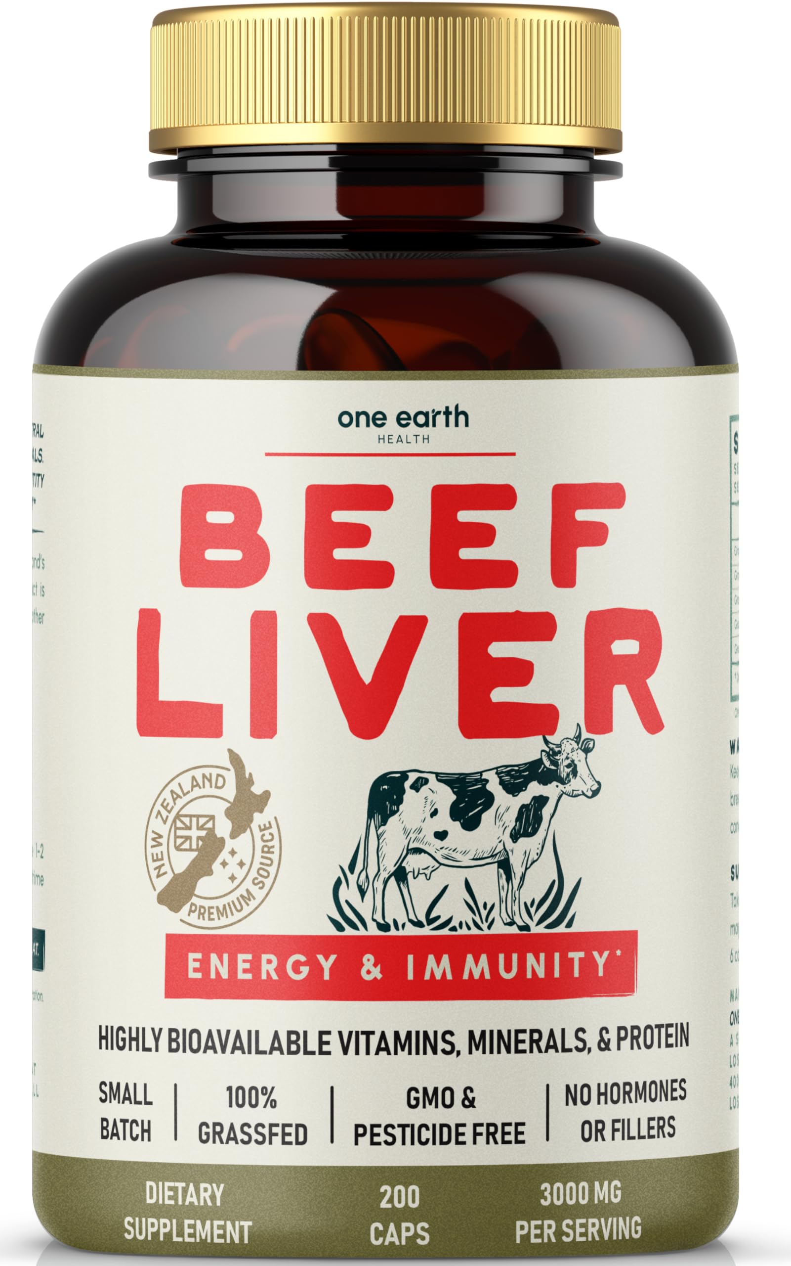 One Earth Health Grass Fed Beef Liver Capsules for Women & Men – Desiccated New Zealand Liver Supplement | Heme Iron, B12 & Folate | Grass-Fed & Finished | 3,000mg, 200 Capsules