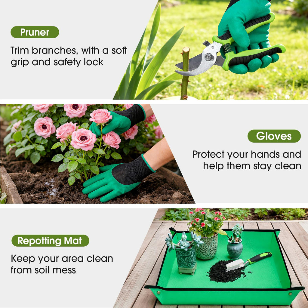 WOWBOX Garden Tools Set, 10 PCS Heavy Duty Gardening Hand Tools Kit, Green