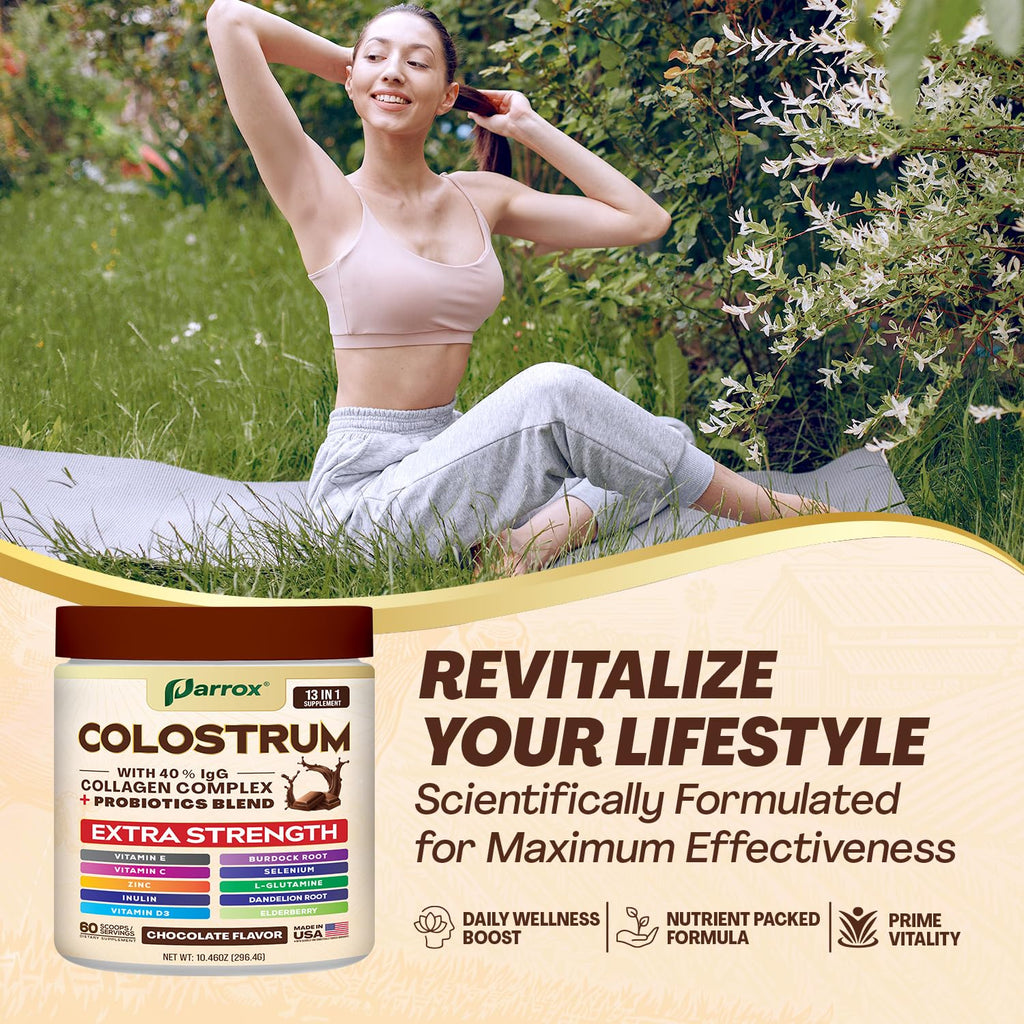 Colostrum Powder 40% IgG with Collagen, Probiotics, Chocolate, 60 Servings