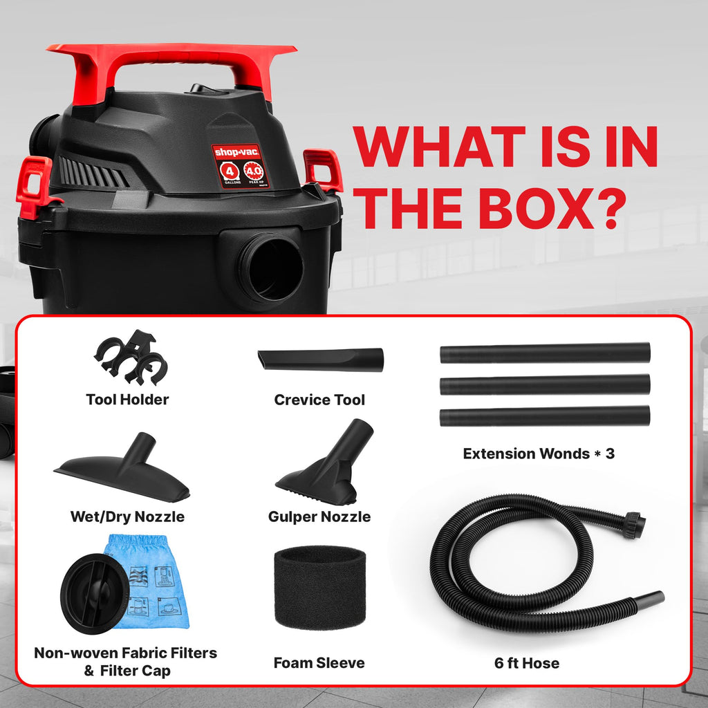 Shop-Vac 5430112 Wet/Dry Vacuum, 4 Gallon, 4 Peak HP, 1-1/4 Inch Diameter x 6 Foot Hose, 10 Foot Cord, Ideal for Jobsite, Garage, Workshop & Home