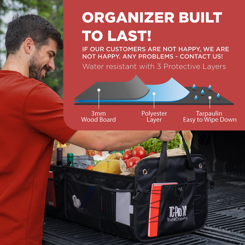 TRUNKCRATEPRO Extra Large Multi Compartments Collapsible Portable Trunk Organizer with Metal Hooks, Recommended for Really Large Loads Black Extra Large